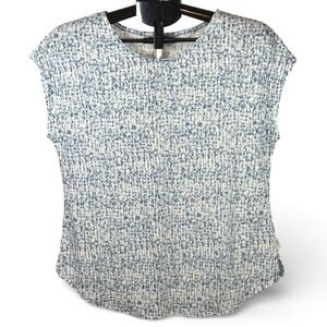 Orvis Womens Blue White Linen Blend Space Dye Short Sleeve Knit Top Small NEW